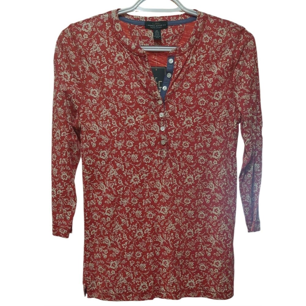 Lauren Ralph Lauren floral Henley top XS NWT 3/4 sleeves 100% Cotton